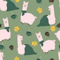 Seamless pattern with llama, alpaca, autumn leaves, acorn and mug. Cute childish vector. vector