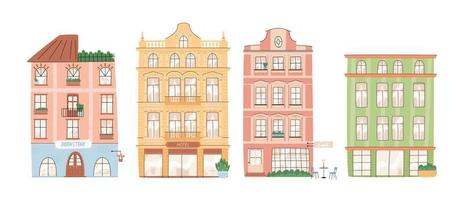 European city buildings isolated on white background. Bookstore, hotel and cafe. Cute vector illustration.