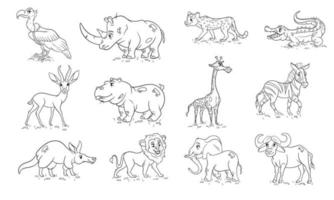 Large set of African animals. Funny animal characters in line style. vector