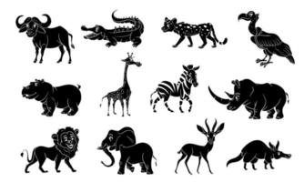 Large set of African animals. Funny characters animals silhouette. vector