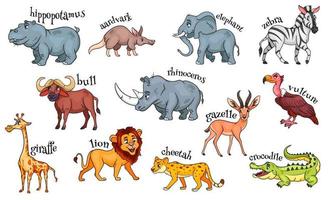 Large set of African animals. Funny animal characters in cartoon style. vector