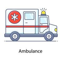 icono de contorno plano de ambulancia, instalación de transporte de emergencia médica vector