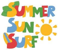 eslogan de surf de sol de verano con ilustración de iconos lindos coloridos vector