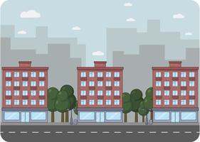 Flat design urban landscape illustration. Street with brick buildings and skyscrapers in the background vector