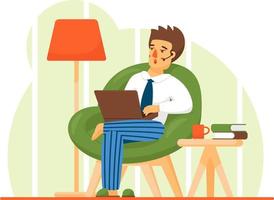 Man in casual outfit sitting home in comfortable armchair and browsing or working on laptop at his laps. vector