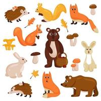 Forest animals, bear, fox, hare, squirrel, hedgehog, mushrooms and autumn leaves. Vector cartoon style. Isolated on a white background.