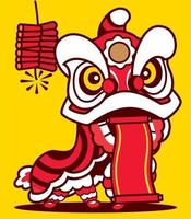 Cartoon Lion Dance with Chinese scroll and firecracker in yellow background. Happy Chinese New Year. vector