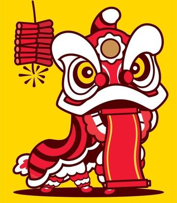 Cartoon Lion Dance with Chinese scroll and firecracker in yellow background. Happy Chinese New Year.