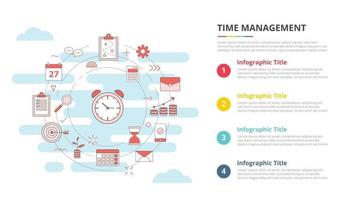 concepto de gestión del tiempo para banner de plantilla infográfica con información de lista de cuatro puntos vector