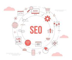 concepto de optimización de motor de búsqueda seo con banner de plantilla de conjunto de iconos con estilo de color naranja moderno y forma circular circular vector