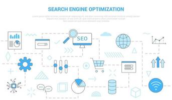 concepto de optimización de motor de búsqueda seo con banner de plantilla de conjunto de iconos con estilo de color azul moderno vector