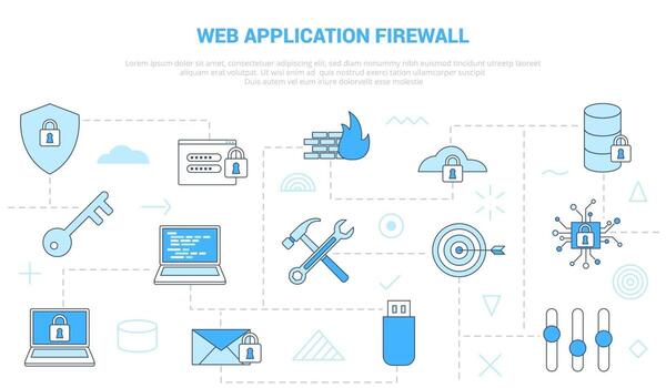 concepto de firewall de aplicaciones web waf con banner de plantilla de conjunto de iconos con estilo de color azul moderno vector