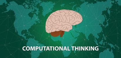 concepto de pensamiento computacional con cerebro de cabeza humana en la parte superior del mapa mundial con fondo de mapa mundial del ciberespacio - vector