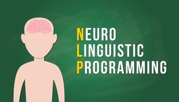 concepto de programación neurolingüística nlp con cabeza humana personas con cerebro y pancarta de texto - vector