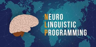 nlp - neuro linguistic programming concept with world map and cyberspace background - vector