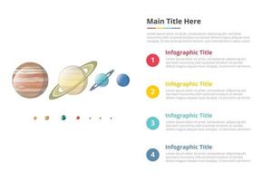 various planet in galaxy size comparison infographics template with 4 points of free space text description - vector illustration