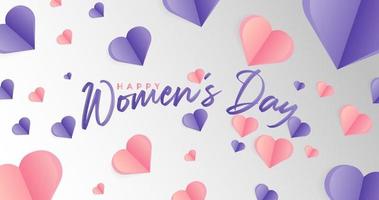 Womans Day Text Design with Pink dan Purple Love Cutout on Landscape background. Happy Womens Day Holiday Illustration. Womans Day Greeting Calligraphy Design in Purple Colors. Vector EPS 10