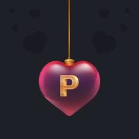 Transparent glass toy with a golden 3D letter P inside. Valentine day decoration element for design flyer, greeting card or any advertising vector