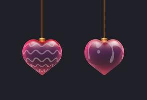 Pair 3D red glass heart toys with pattern on surface. Valentine's day elements. Decor for print, flyer, banner, web or advertisign vector