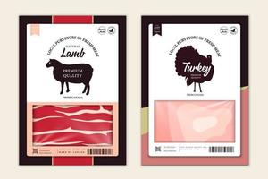 etiquetas de carnicería con siluetas de animales de granja cordero, pavo y carne vector
