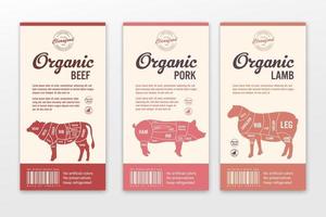 etiquetas de carnicería vectorial. texturas de carne de res de cordero de cerdo para comestibles vector