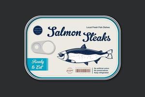 Canned fish label template, Salmon fish tin can with label cover. vector