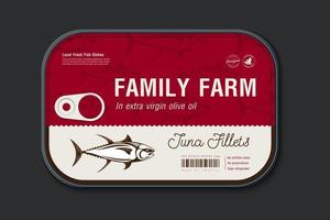 Retro Premium Canned Packaging Design and Hand Drawn Tuna Silhouette vector