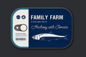 Canned anchovy label template, fish tin can with cover, packaging vector