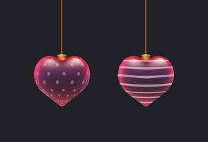 par de juguetes de corazón de cristal rojo 3d con patrón en la superficie. elementos del día de san valentín. decoración para impresión, volante, pancarta, web o publicidad vector