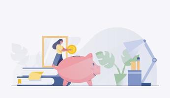 Female Saving Money. piggy bank concept. vector illustration
