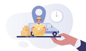 Delivery service concept, courier with delivery car, hand holding smartphone with location. vector
