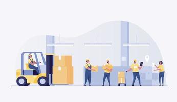 equipo de entrega Mudanza de almacén grande con caja. chica en el concepto de lista de mover, transportar y entregar mercancías.ilustración vectorial vector