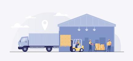 Logistics, Warehouse Loading Truck Working Forklift. Vector illustration