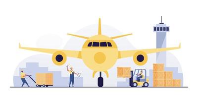 Male worker in uniform is loading boxes from the forklift to plane. Concept of air freight. vector