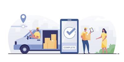 Checking delivery service app on a mobile phone. Delivery truck with cardboard box. vector