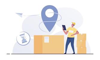 el servicio de mensajería comprueba la lista de paquetes. cajas para enviar correo. trabajador de almacén o un cartero. vector