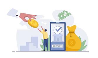 big hand hold dollar icon with businessman. Sending money via smartphone. Payment application. vector