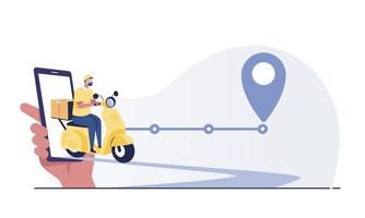 Online delivery services tracking app, scooter ,and package by mobile phone. vector