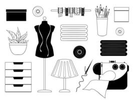 colección monocromática de accesorios de costura. ilustración vectorial estilo de dibujos animados objetos aislados en blanco. vector