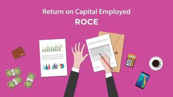 ilustración de contar el rendimiento del capital empleado roce con papeleo, calculadora y dinero en la parte superior de la mesa vector