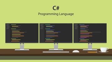 Illustration of C programming language code displayed on three monitor in a row at programmer workspace vector