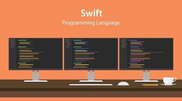 Illustration of Swift programming language code displayed on three monitor in a row at programmer workspace vector