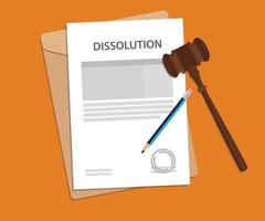 Dissolution text on stamped paperwork illustration with judge hammer and folder document with orange background vector