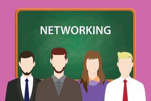 networking illustration with four people in front of green chalk board and white text vector