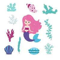 Little mermaids and elements of the underwater world. Cartoon style. vector