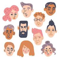 Set of different human faces with various expressions. Doodle style hand drawn vector illustration