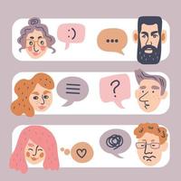 People with speech bubbles. Couples having trouble communicating, relationship difficulties concept. Hand drawn cartoon style vector illustration