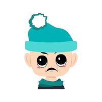 Avatar of child with big eyes and angry emotions, grumpy face, furious eyes in blue hat with pompom. Head of toddler with furious expression vector