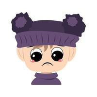 Child with sad emotions, depressed face, down eyes in violet hat with pom pom. Head of toddler with melancholy expression vector