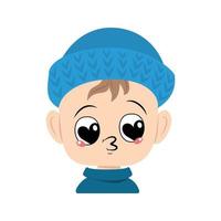 Child with big heart eyes and kiss lips in blue knitted hat. Cute kid with loving face in autumnal or winter headdress. Head of adorable toddler with happy emotions vector
